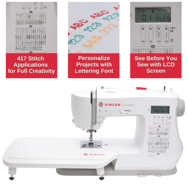 Singer C7290Q sewing machine with extension table, showcasing 417 stitch applications, lettering font, and an LCD screen, featured in a comparison with the Brother CS600I.